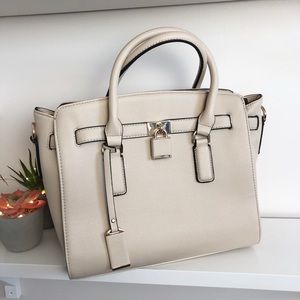 Beige Lock-Accent Winged Satchel